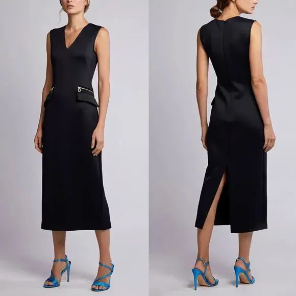 Brandon Maxwell Zip Pocket Midi Sheath Neoprene Dress in Black Size 4 - Picture 3 of 10